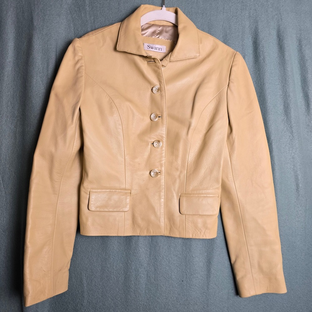 Swann Vintage Womens Beige Genuine Leather Jacket Made in USA Style SW622 Medium